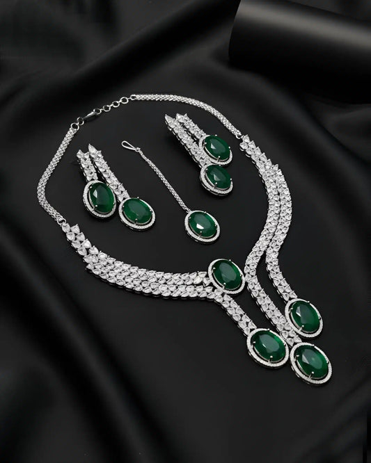 Designer Party Wear Necklace Earrings and Tikka Set