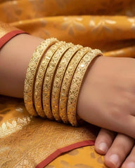 Gold Plated Casting Bangles Set Floral Textured Designer Everyday Bangles for Women