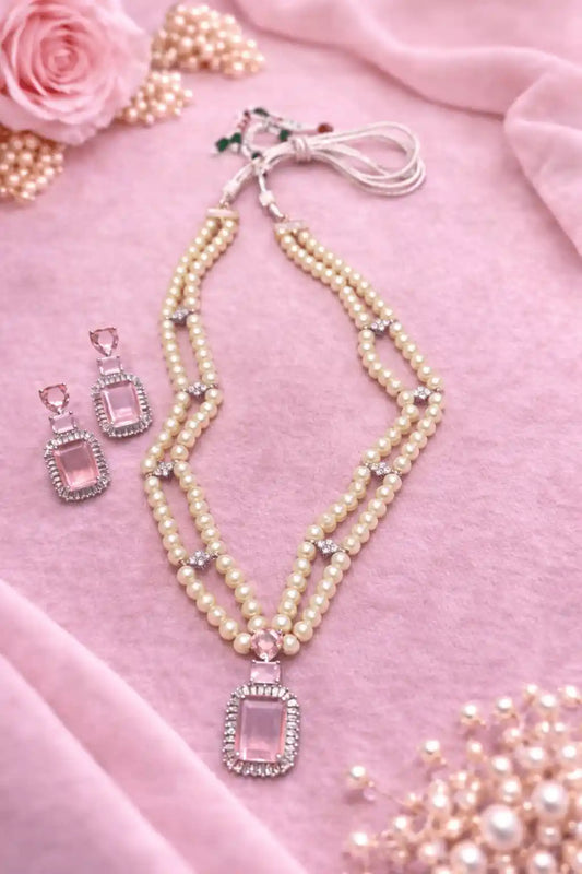 Luxury Pearl Locket Mala Set with Sky Blue Crystal Pendant & Earrings | Elegant Party Wear Jewelry Set