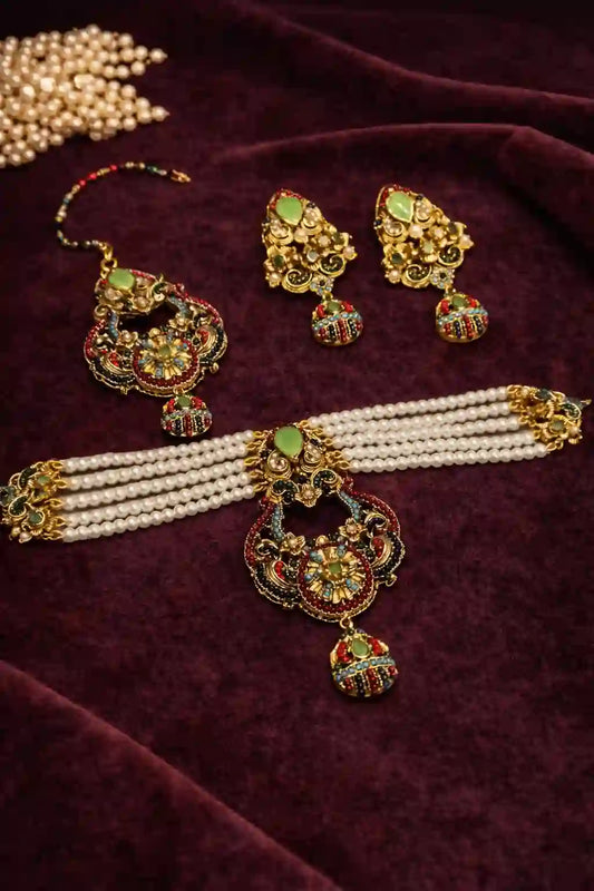 Pearl Bridal Choker Set with Earrings & Maang Tikka – Traditional Wedding Jewelry