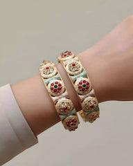 Premium South Indian Temple Bangles – Antique Gold Plated Kangan with Multicolor Stones & Enamel