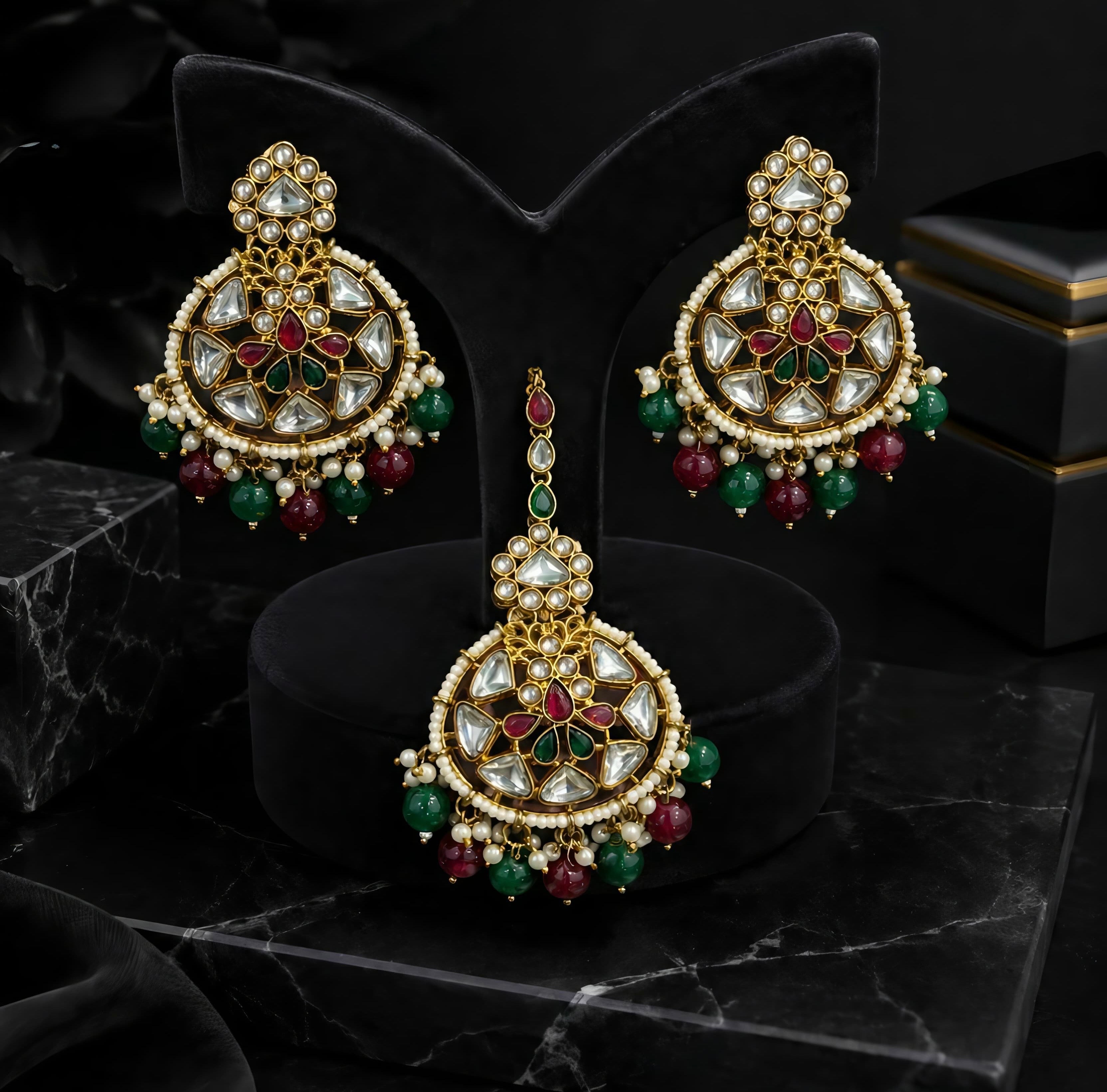 Noor Mahal Kundan Earring Set with Maang Tikka