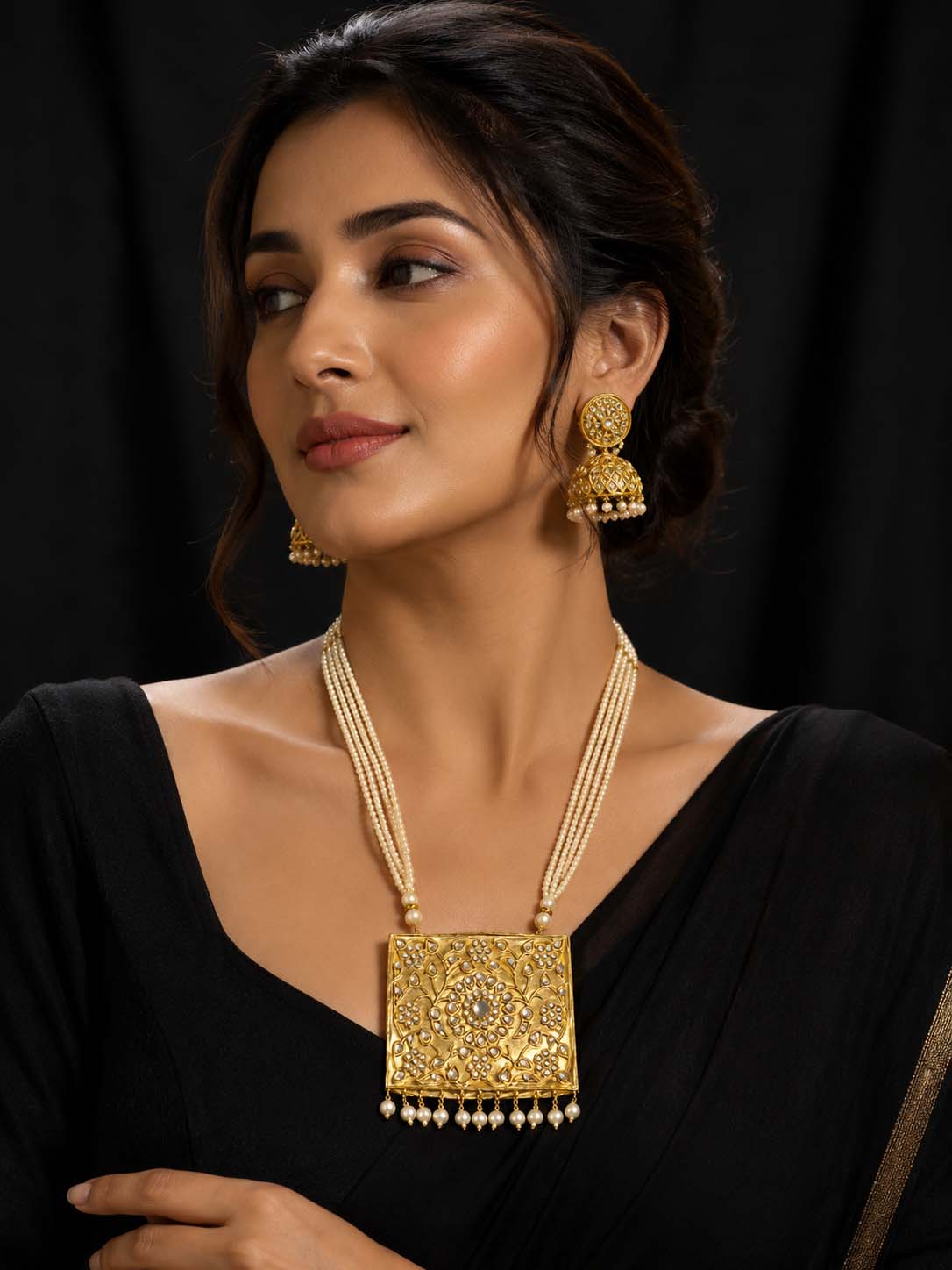 Traditional Pearl Mala Set with Square Pendant & Jhumka Earrings | Bridal Party Jewelry