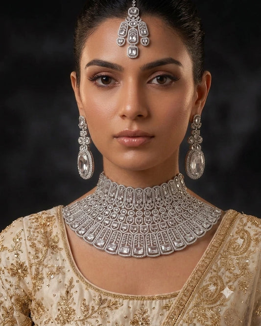 Luxury Bridal Choker Necklace Set with Earrings & Tikka
