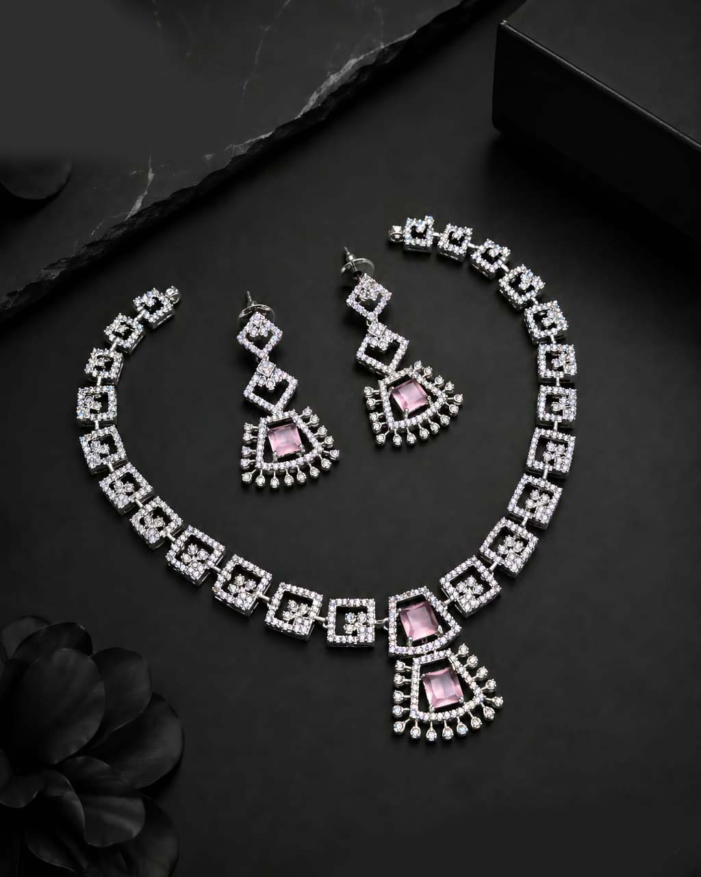 Square-Cut American Diamond Necklace Se