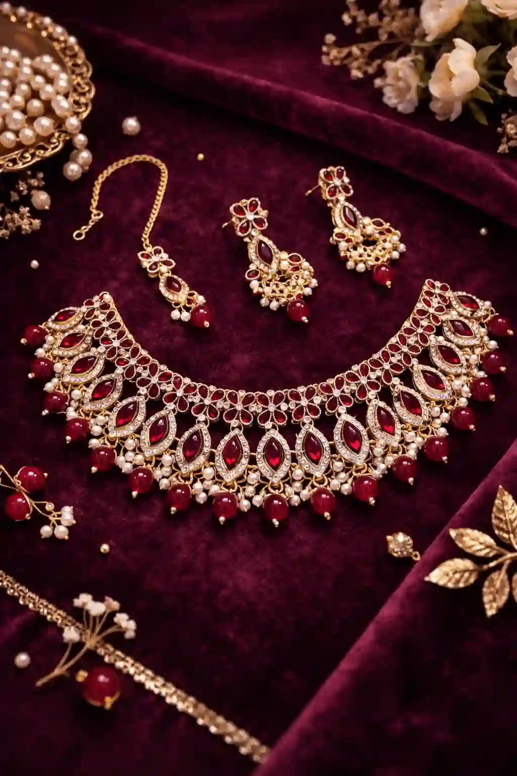 Bridal Choker Necklace Set with Earrings & Maang Tikka