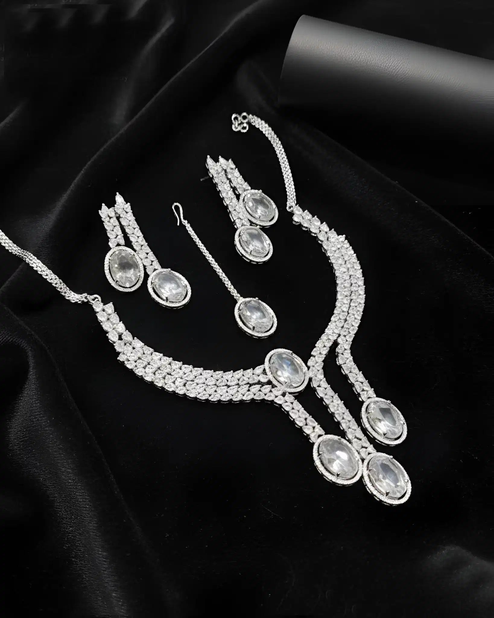 Designer Party Wear Necklace Earrings and Tikka Set