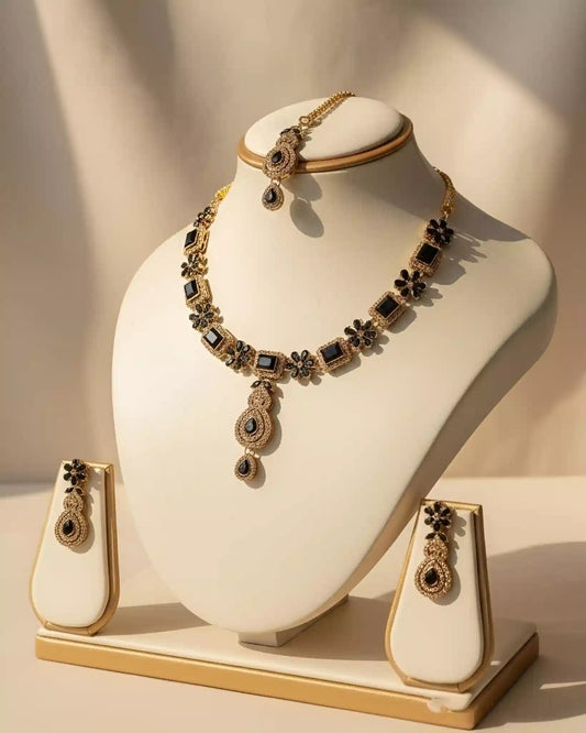 Designer Statement Necklace Earrings and Tikka Jewelry Set