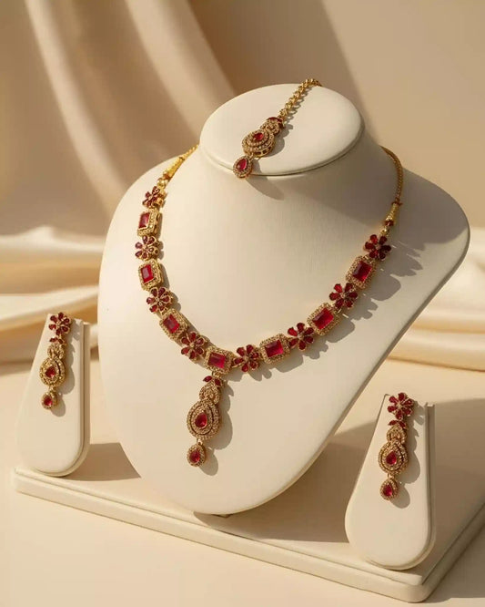 Designer Statement Necklace Earrings and Tikka Jewelry Set