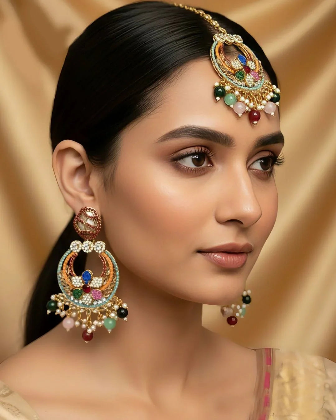 Elegant Matha Patti with Matching Earrings – Bridal Jewelry Set - Gram