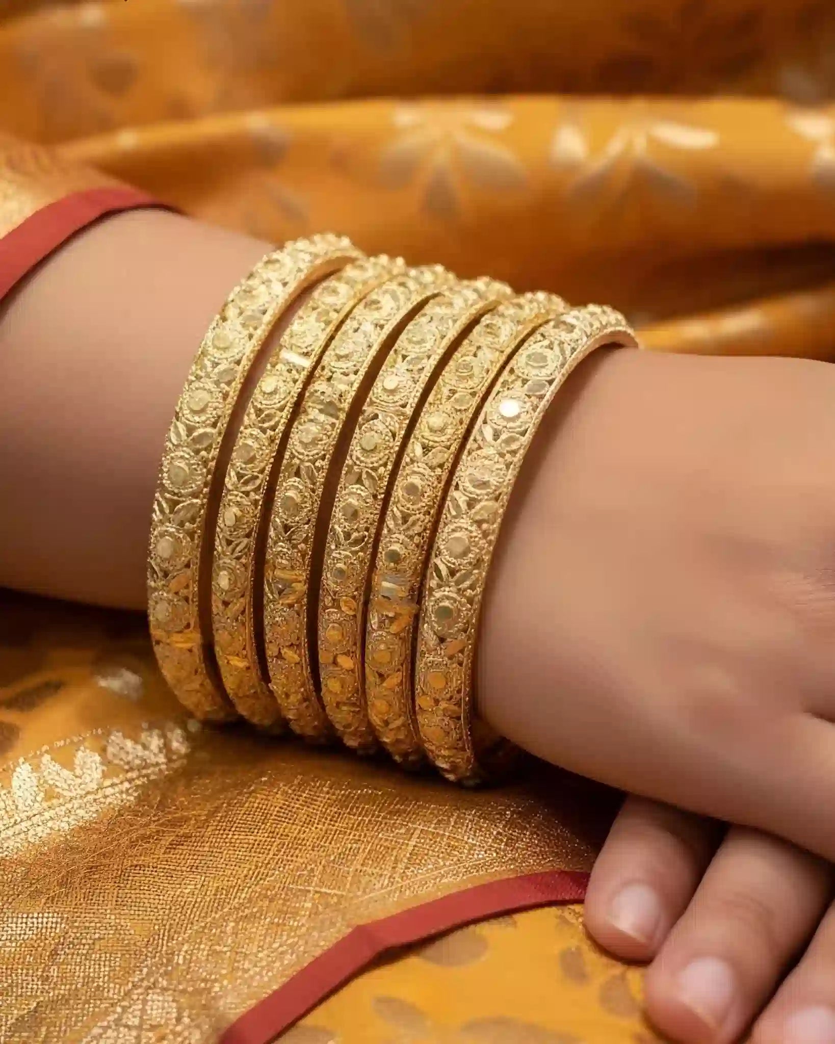 Gold Plated Casting Bangles Set Floral Textured Designer Everyday Bangles for Women