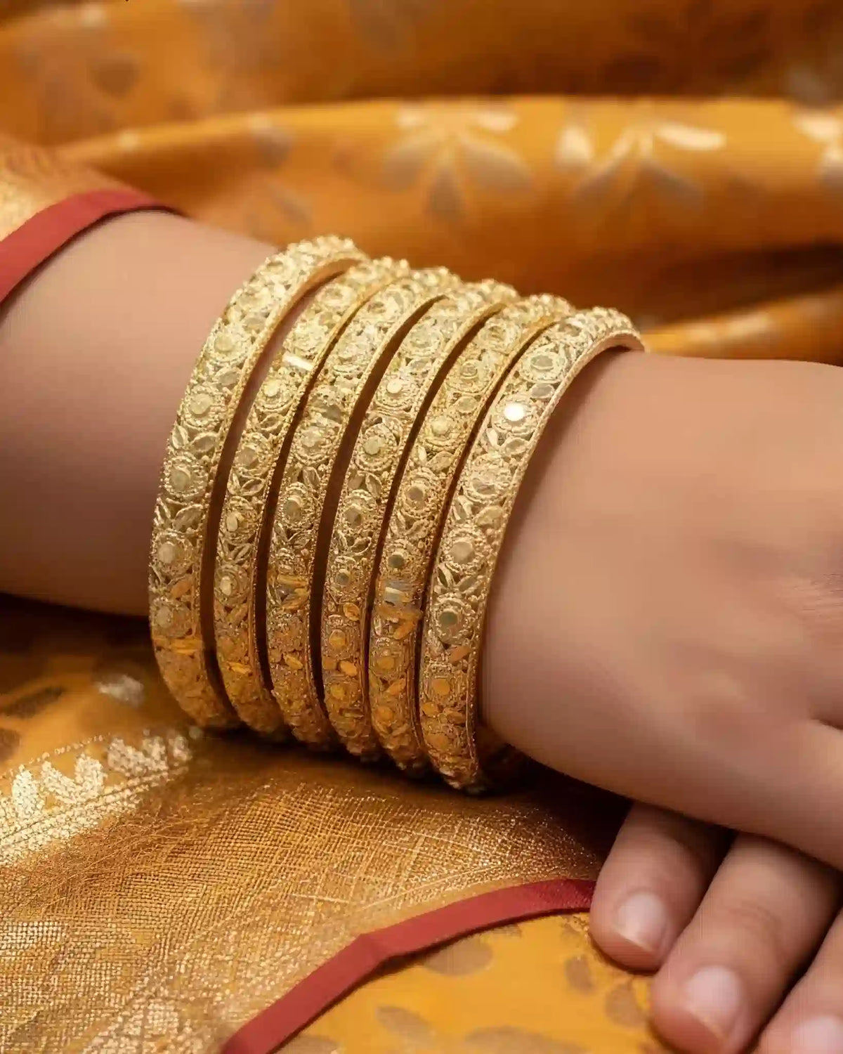 Gold Plated Casting Bangles Set Floral Textured Designer Everyday Bangles for Women