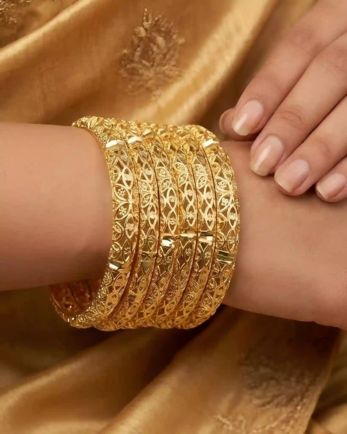 Gold Plated Cutwork Bangles Set Elegant Leaf Design Lightweight Designer Bangles for Women