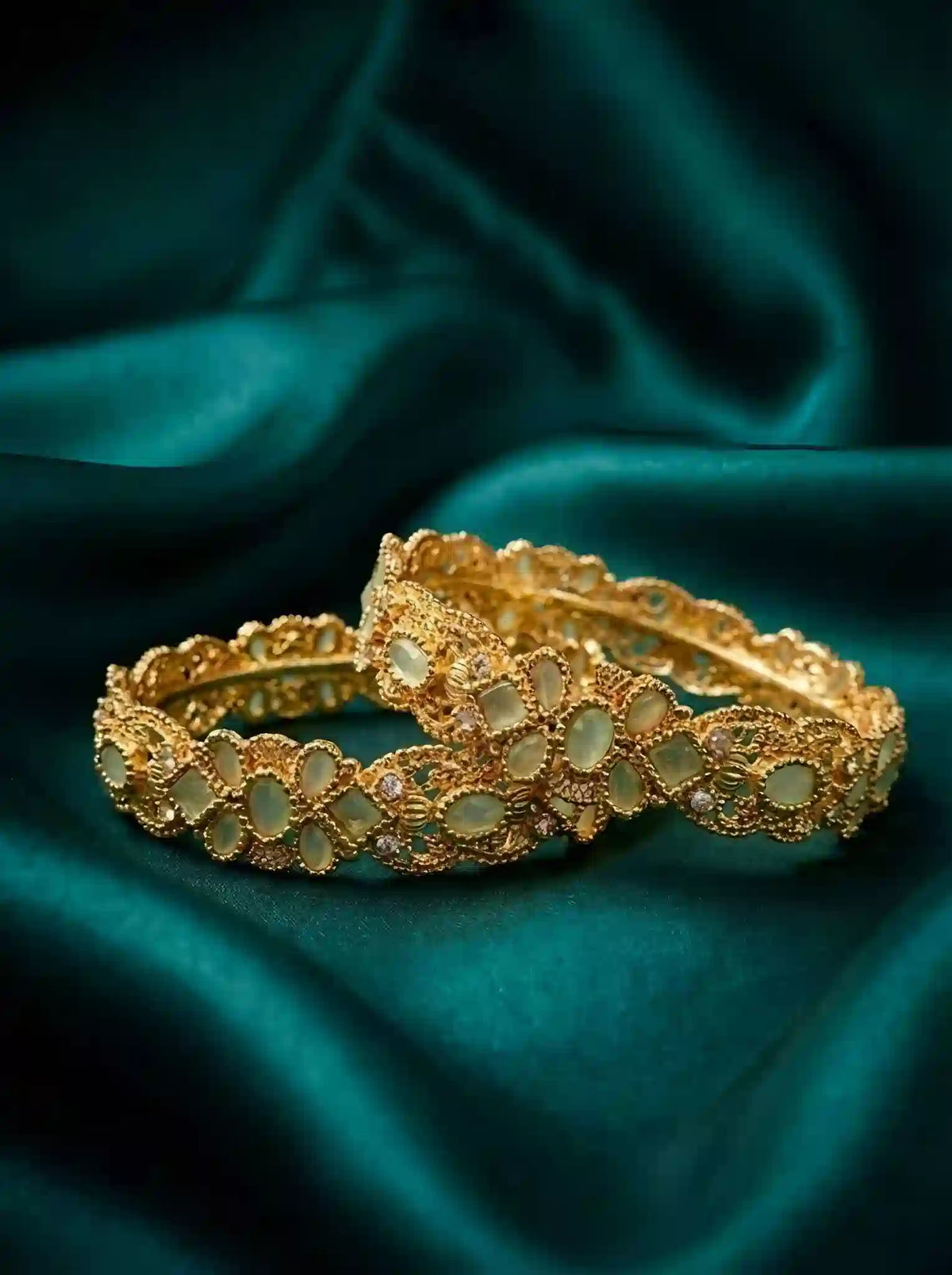 Gold Plated Stone Bangles Set Elegant Green Stone Designer Party Wear Bangles for Women