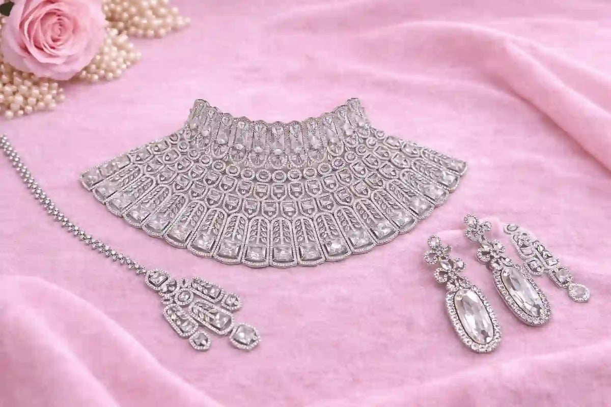 Luxury Bridal Choker Necklace Set with Earrings & Tikka | Wedding Party Jewelry Set
