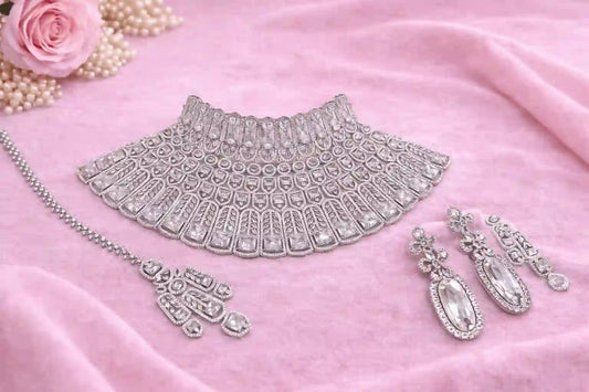 Luxury Bridal Choker Necklace Set with Earrings & Tikka | Wedding Party Jewelry Set