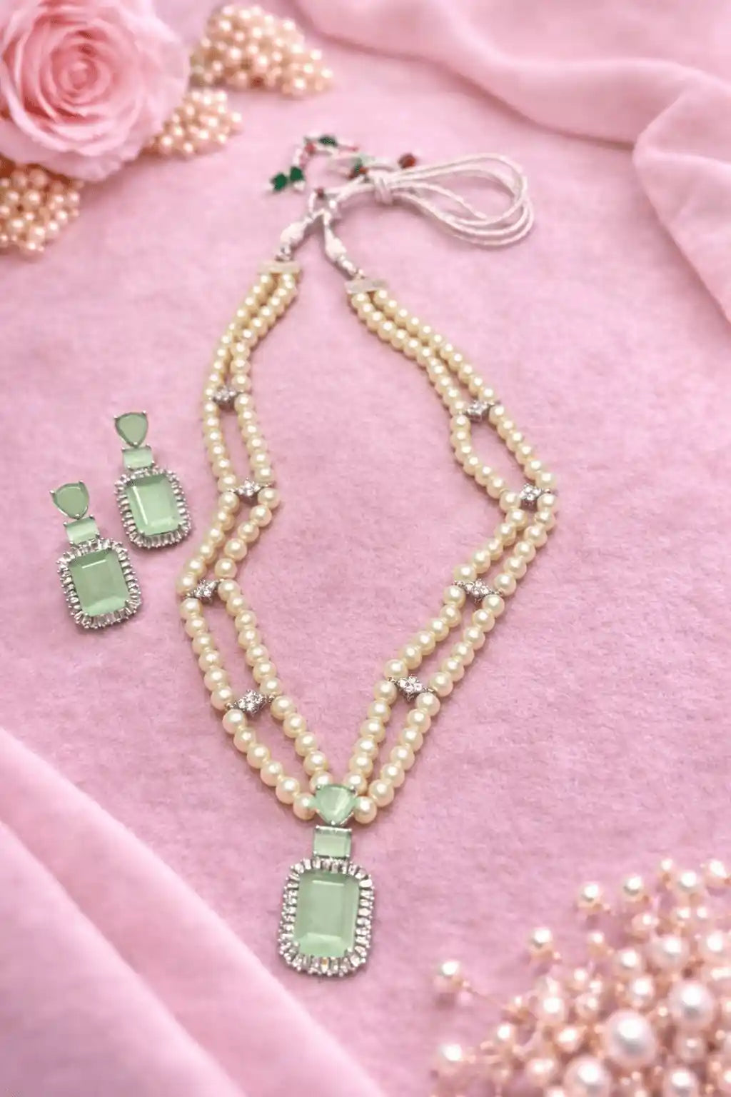 Luxury Pearl Locket Mala Set with Sky Blue Crystal Pendant & Earrings | Elegant Party Wear Jewelry Set