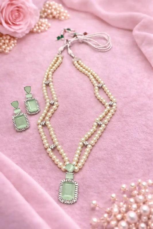 Luxury Pearl Locket Mala Set with Sky Blue Crystal Pendant & Earrings | Elegant Party Wear Jewelry Set
