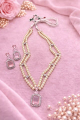 Luxury Pearl Locket Mala Set with Sky Blue Crystal Pendant & Earrings | Elegant Party Wear Jewelry Set