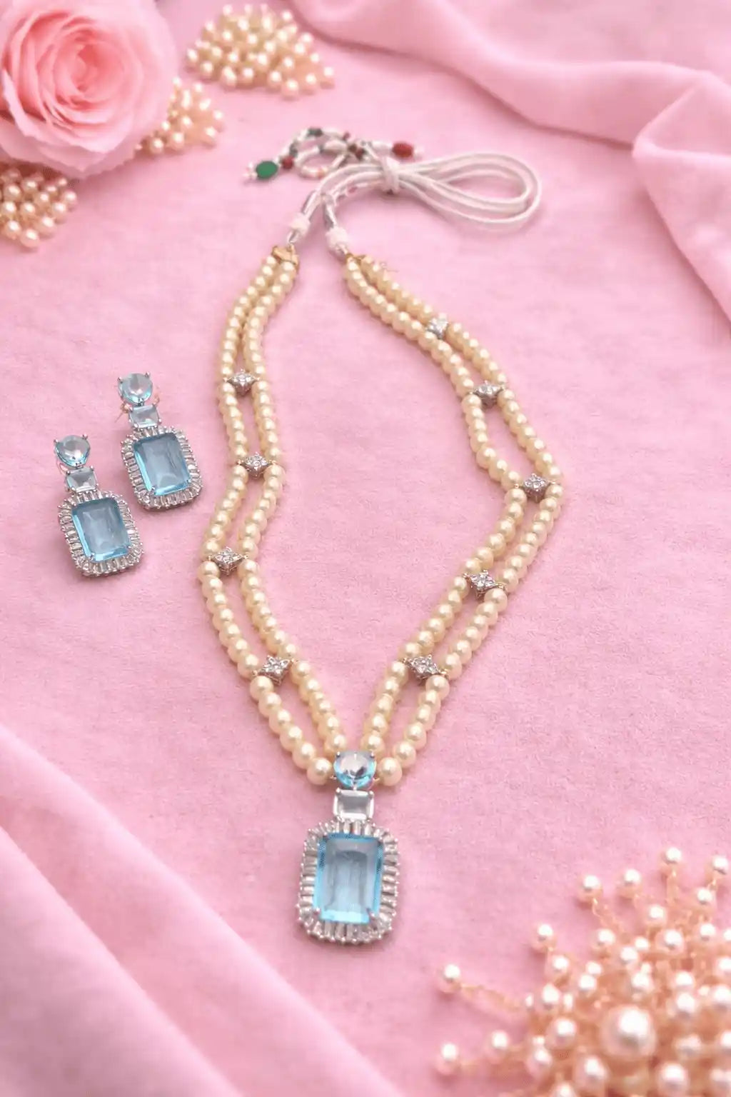 Luxury Pearl Locket Mala Set with Sky Blue Crystal Pendant & Earrings | Elegant Party Wear Jewelry Set