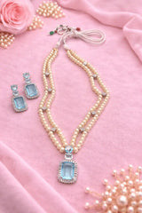 Luxury Pearl Locket Mala Set with Sky Blue Crystal Pendant & Earrings | Elegant Party Wear Jewelry Set