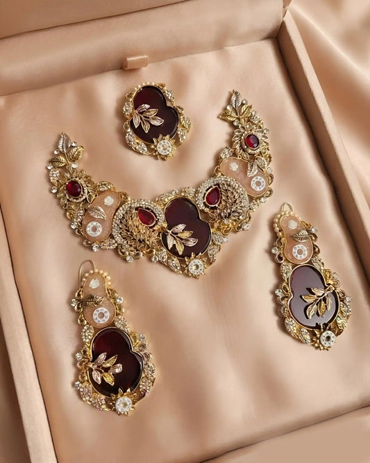 Luxury Turkish Casting Necklace Set with Earrings and Tikka