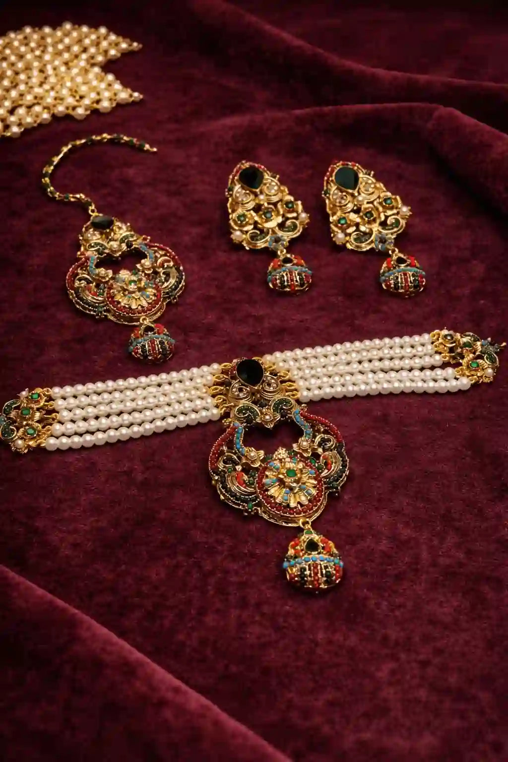 Pearl Bridal Choker Set with Earrings & Maang Tikka – Traditional Wedding Jewelry