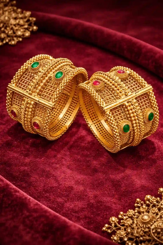 Rajwari Heavy Bridal Bangle Set – Antique Gold Statement Bangles