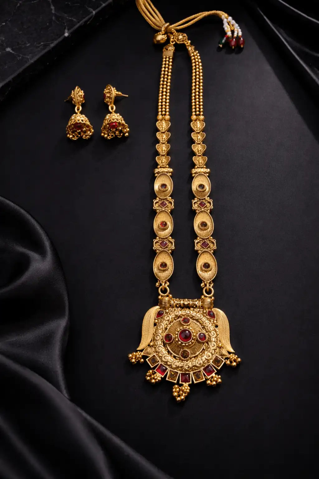 Rajwari Mala Set with Jhumka Earrings – Traditional Antique Long Necklace Set