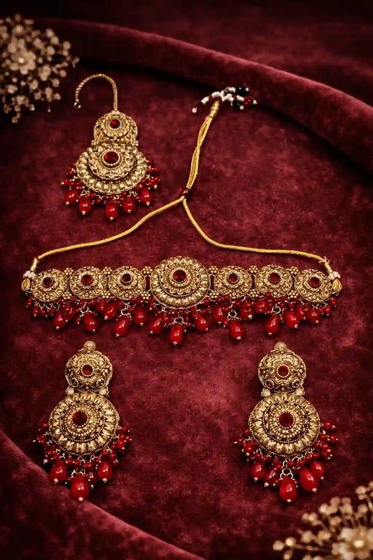 Royal Antique Bridal Choker Set with Earrings & Tikka