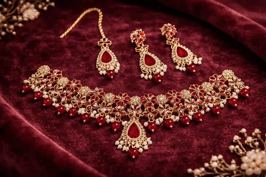 Royal Floral Bridal Choker Necklace Set with Earrings & Maang Tikka