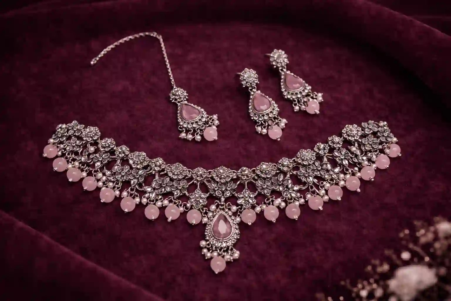 Royal Floral Bridal Choker Necklace Set with Earrings & Maang Tikka