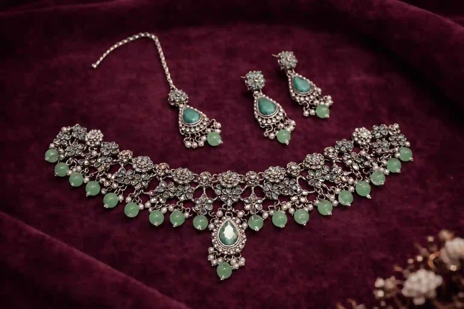 Royal Floral Bridal Choker Necklace Set with Earrings & Maang Tikka