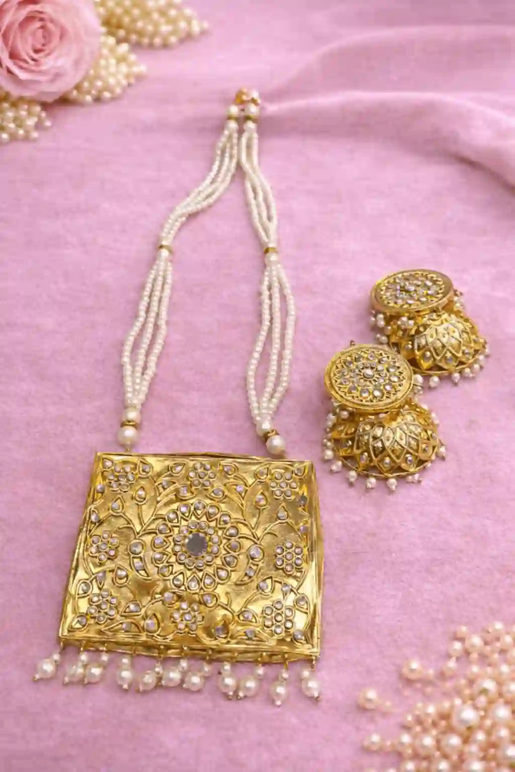 Traditional Pearl Mala Set with Square Pendant & Jhumka Earrings | Bridal Party Jewelry