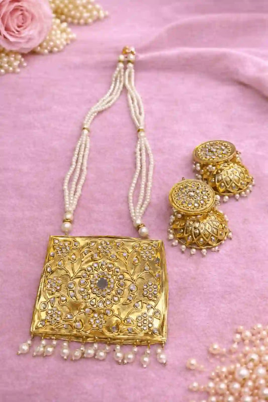 Traditional Pearl Mala Set with Square Pendant & Jhumka Earrings | Bridal Party Jewelry