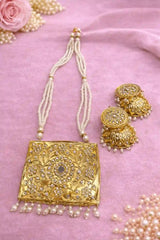 Traditional Pearl Mala Set with Square Pendant & Jhumka Earrings | Bridal Party Jewelry